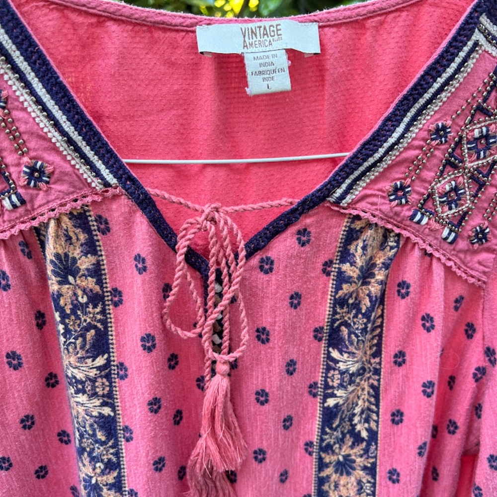 Pink & Blue Vintage America Brand Boho Peasant Beaded Top 🎉2X Host Pick🎉 - Picture 5 of 7